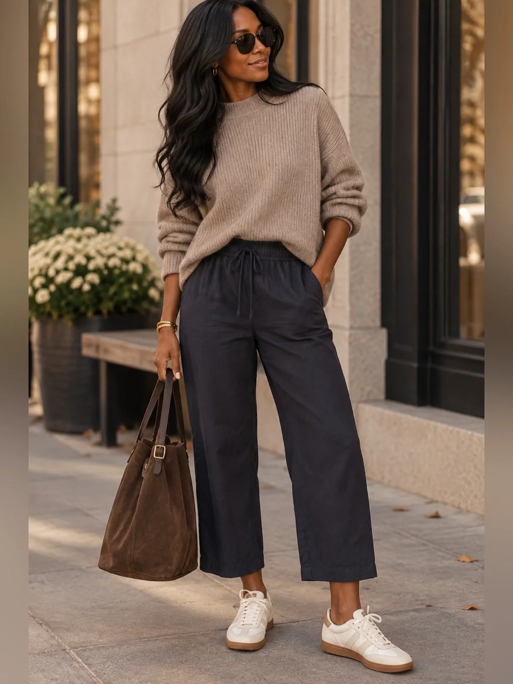 H&M Dark Navy Linen Blend Cropped Wide Leg Pull-On Pants Size M